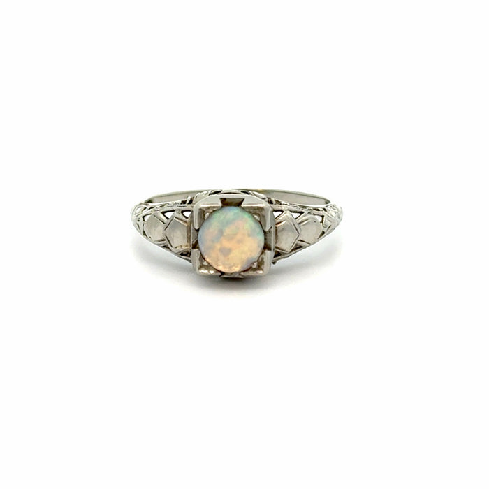 Antique Art Deco White Opal Solitaire in 18k White Gold