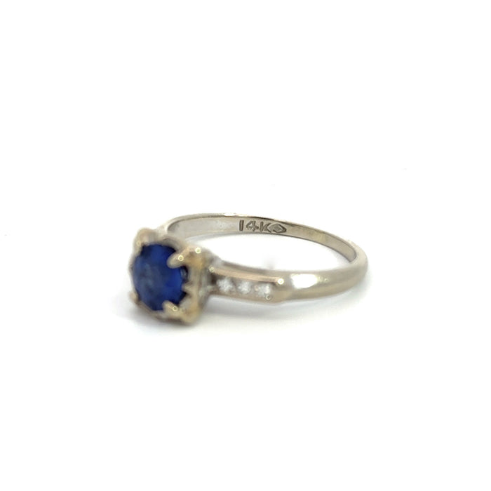 Vintage Sapphire and Diamond Engagement Ring in 14k White Gold