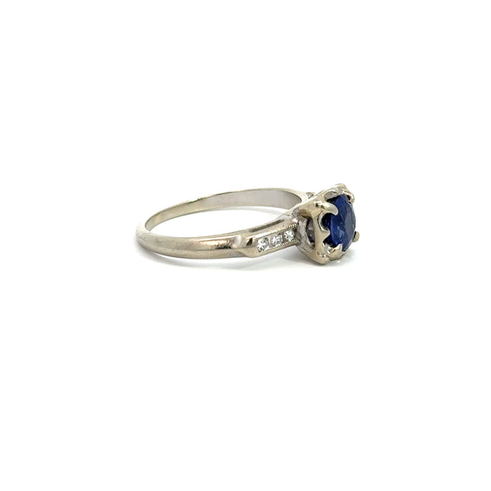 Vintage Sapphire and Diamond Engagement Ring in 14k White Gold