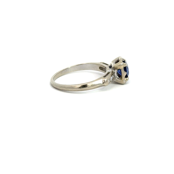 Vintage Sapphire and Diamond Engagement Ring in 14k White Gold