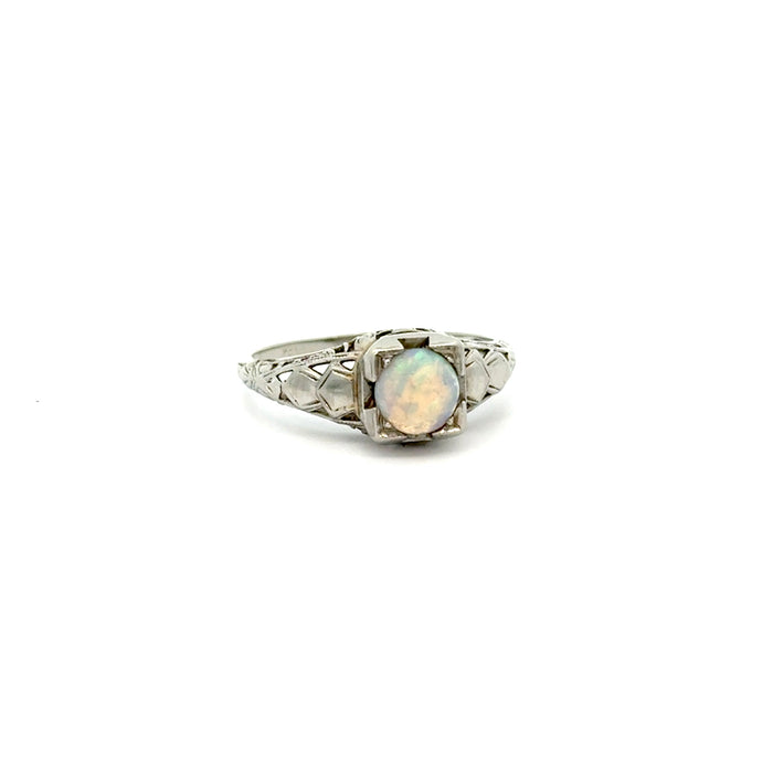 Antique Art Deco White Opal Solitaire in 18k White Gold