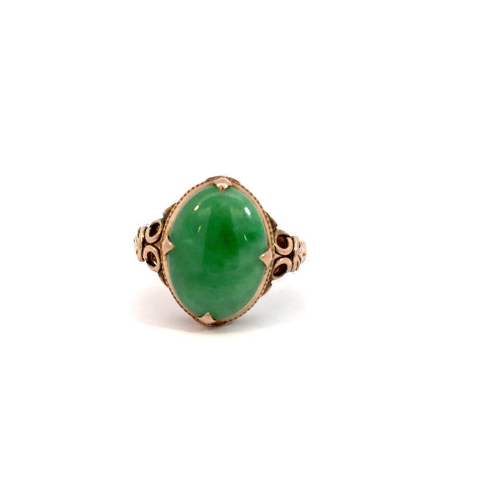 Vintage Jade and 14k Rose Gold Ring with Leaf Motif