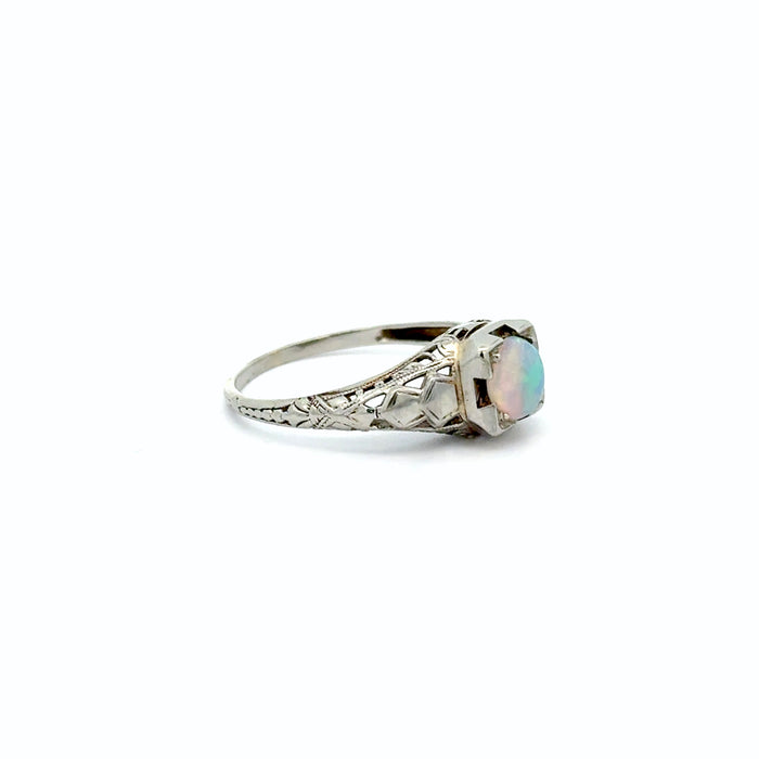 Antique Art Deco White Opal Solitaire in 18k White Gold